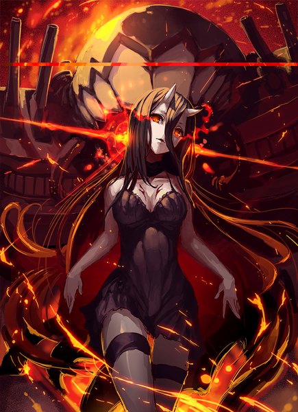 Anime picture 725x1000 with kantai collection battleship-symbiotic hime tech chimera single tall image looking at viewer black hair hair between eyes red eyes very long hair horn (horns) teeth glowing glowing eye (eyes) oni horns white skin shinkaisei-kan girl thighhighs dress