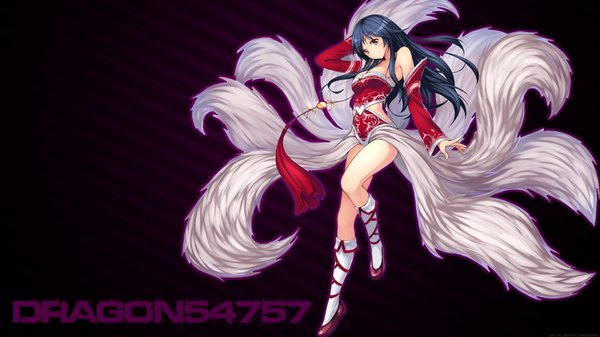 Anime picture 1920x1080 with league of legends ahri (league of legends) shadytradesman single long hair looking at viewer blush highres black hair wide image wallpaper multiple tails girl detached sleeves