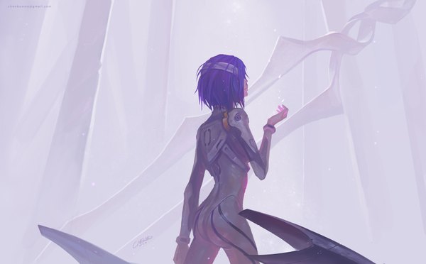 Anime picture 1600x994 with neon genesis evangelion rebuild of evangelion evangelion: 2.0 you can (not) advance end of evangelion gainax ayanami rei chenbo single short hair simple background wide image standing signed purple hair ass from behind from below back girl weapon