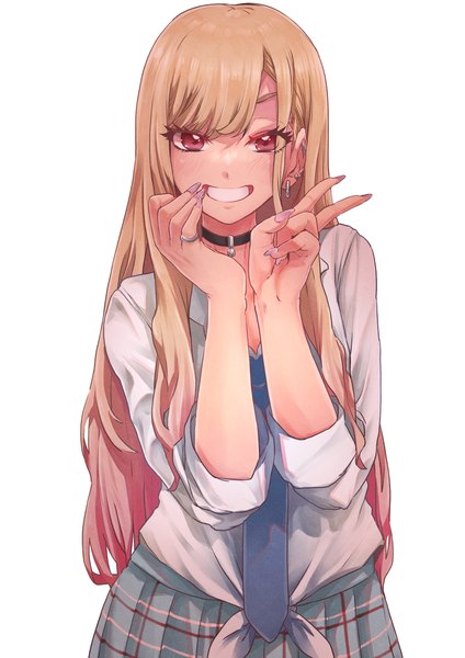 Anime picture 1191x1684 with sono bisque doll wa koi wo suru cloverworks kitagawa marin aosora2823 single long hair tall image looking at viewer simple background blonde hair smile red eyes white background upper body nail polish fingernails grin victory long fingernails pink nail polish