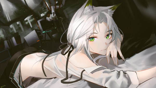 Anime picture 1930x1086 with arknights kal'tsit (arknights) mackia single long hair looking at viewer fringe highres light erotic wide image green eyes signed animal ears white hair lying cat ears on stomach girl ribbon (ribbons) hair ribbon