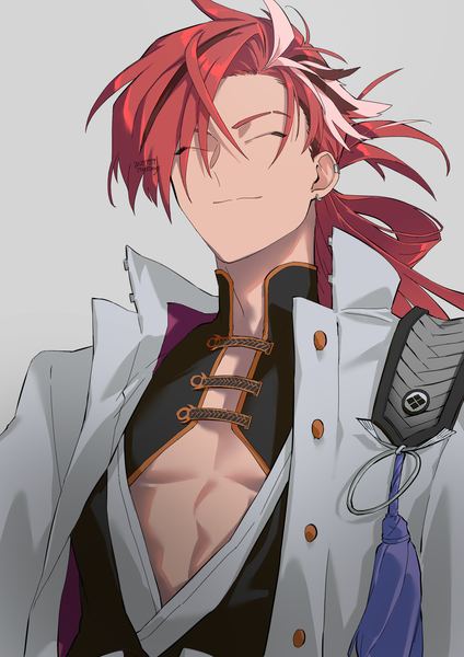 Anime picture 1654x2339 with fate (series) fate/grand order takasugi shinsaku (fate) ituki single long hair tall image fringe simple background upper body red hair eyes closed multicolored hair hair over one eye grey background streaked hair piercing dated ear piercing ^ ^