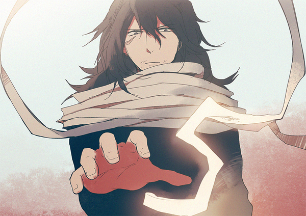 Anime picture 1000x708 with boku no hero academia studio bones aizawa shouta xi yuu single long hair fringe black hair hair between eyes upper body black eyes scar outstretched hand boy scarf number (numbers)