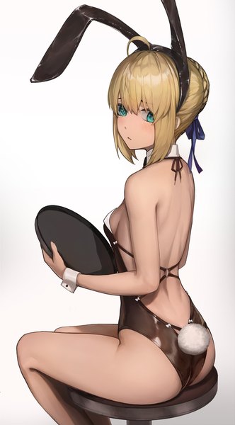 Anime picture 851x1539 with fate (series) fate/stay night artoria pendragon (all) saber ola (bunnyfly) single tall image looking at viewer blush fringe short hair breasts light erotic simple background blonde hair hair between eyes white background sitting holding green eyes