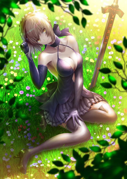 Anime picture 2480x3508 with fate (series) fate/grand order fate/stay night artoria pendragon (all) saber alter fujifuji924 single tall image looking at viewer fringe highres short hair breasts light erotic blonde hair hair between eyes large breasts sitting bare shoulders yellow eyes