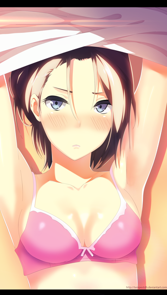 Anime picture 1800x3169 with tagme (character) tempestdh single tall image looking at viewer blush highres short hair breasts light erotic blonde hair cleavage upper body inscription arms up armpit (armpits) embarrassed letterboxed undressing silver eyes