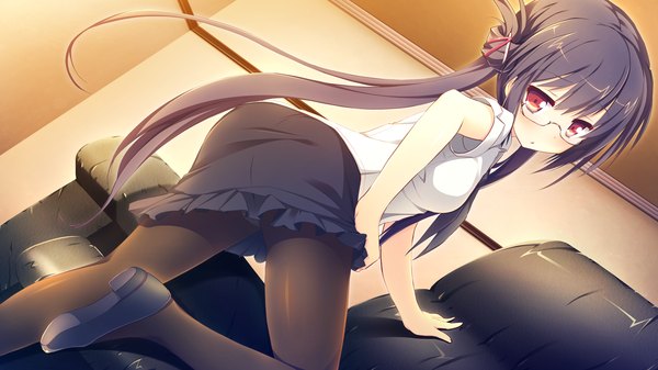 Anime picture 2560x1440 with clover day's takakura anri nimura yuuji single long hair looking at viewer blush highres light erotic black hair red eyes wide image twintails game cg ass looking back turning head leg lift (legs lift) girl skirt