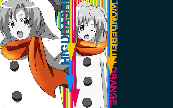 Anime picture 1920x1200 with higurashi no naku koro ni studio deen sonozaki mion sonozaki shion morimoto hirofumi highres short hair open mouth wide image :d one eye closed grey hair wink grey eyes wallpaper copyright name vector derivative work girl scarf