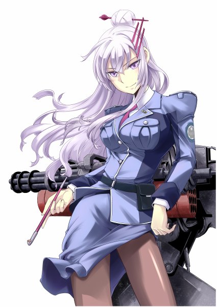 Anime picture 850x1200 with heavy object j.c. staff frolaytia capistrano saitou sakae single long hair tall image blush fringe breasts simple background large breasts white background purple eyes looking away white hair light smile official art midriff hair bun (hair buns)