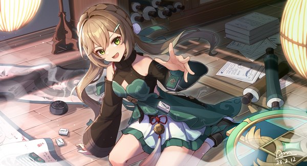 Anime picture 6062x3274 with honkai: star rail honkai (series) qingque (honkai: star rail) chiyo akira single long hair fringe highres hair between eyes brown hair wide image sitting twintails green eyes absurdres indoors from above low twintails dated floor