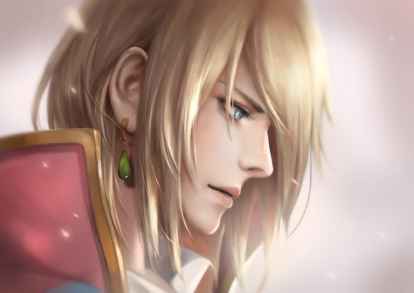 Anime picture 1000x707 with howl's moving castle studio ghibli howl ryu (pixiv 6630104) single fringe short hair open mouth blue eyes blonde hair looking away profile lips eyebrows boy earrings petals