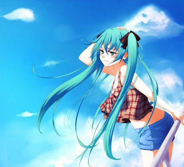 Anime picture 1100x1000 with vocaloid hatsune miku ayumi (xiwu) single blush smile twintails holding sky cloud (clouds) very long hair aqua eyes aqua hair girl ribbon (ribbons) hair ribbon shorts