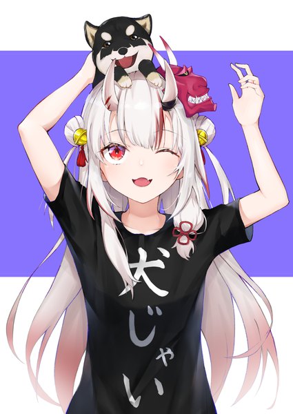 Anime picture 2508x3541 with virtual youtuber hololive nakiri ayame fuji dorokai single long hair tall image blush fringe highres open mouth simple background smile red eyes standing holding white hair one eye closed multicolored hair horn (horns)
