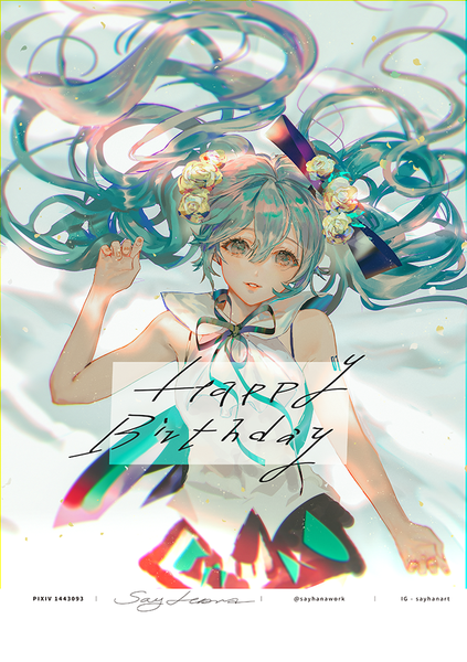 Anime picture 699x992 with vocaloid hatsune miku say hana single long hair tall image looking at viewer fringe hair between eyes twintails signed upper body hair flower aqua eyes aqua hair sleeveless happy birthday girl flower (flowers)