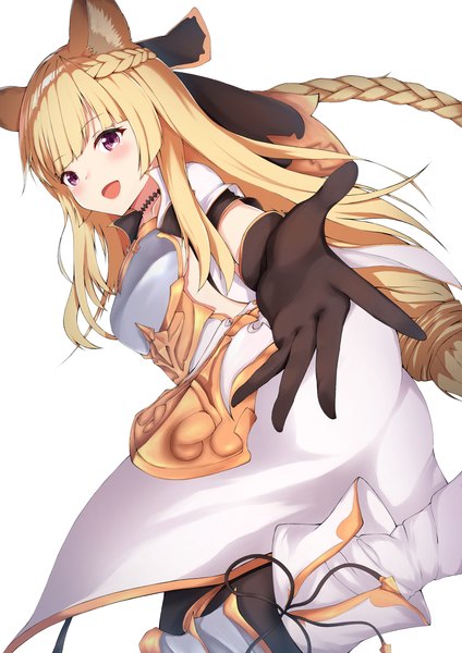 Anime picture 1190x1684 with granblue fantasy yuisis (granblue fantasy) hisei single long hair tall image looking at viewer fringe open mouth simple background blonde hair white background purple eyes animal ears braid (braids) :d looking back half updo outstretched hand erune