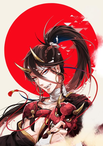 Anime picture 830x1174 with original ichigaya single long hair tall image looking at viewer fringe hair between eyes brown hair ponytail braid (braids) traditional clothes parted lips japanese clothes horn (horns) grey background heterochromia single braid portrait oni horns