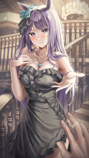 Anime picture 4095x7243 with umamusume mejiro mcqueen (umamusume) illust sucong long hair tall image looking at viewer blush highres breasts smile standing purple eyes animal ears absurdres purple hair nail polish hand on chest outstretched hand horse ears pov