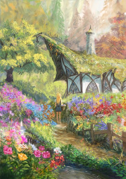 Anime picture 845x1200 with original shino (shinderera) single long hair tall image blonde hair full body outdoors pointy ears from behind nature girl flower (flowers) plant (plants) tree (trees) building (buildings) fence house basket garden