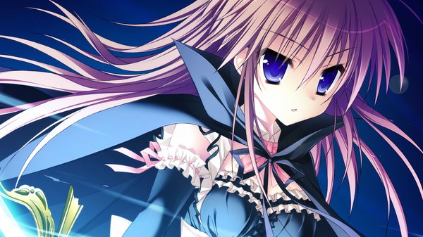 Anime picture 1280x720 with hatsuyuki sakura kozakai aya toranosuke long hair brown hair wide image purple eyes game cg maid girl gloves elbow gloves frills cape