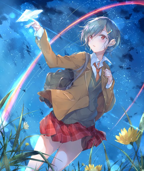 Anime picture 768x915 with original pulp piroshi single tall image blush fringe short hair open mouth hair between eyes red eyes standing looking away outdoors pleated skirt aqua hair night night sky plaid skirt outstretched hand skirt flip