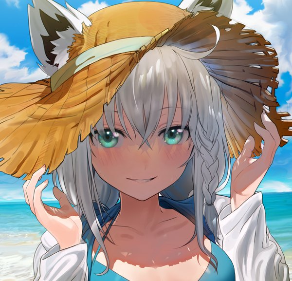 Anime picture 2048x1971 with virtual youtuber hololive shirakami fubuki seicoh single long hair looking at viewer blush fringe highres smile hair between eyes animal ears upper body ahoge outdoors white hair braid (braids) long sleeves parted lips