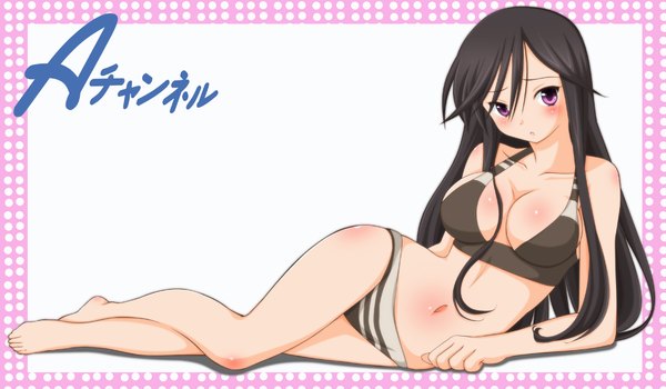 Anime picture 1920x1122 with a channel nishi yuuko single long hair blush highres breasts light erotic black hair wide image large breasts lying pink eyes body blush girl navel underwear panties striped panties