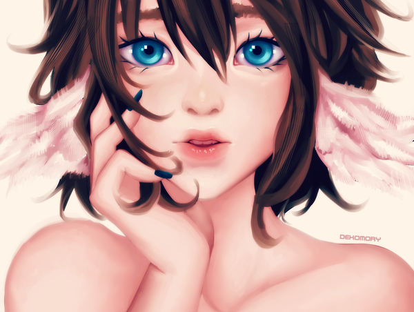 Anime picture 1280x965 with original dekomory single looking at viewer fringe short hair open mouth blue eyes brown hair bare shoulders nail polish fingernails realistic long fingernails angel wings head wings blue nail polish girl wings