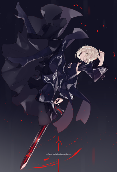 Anime picture 1346x1976 with fate (series) fate/grand order artoria pendragon (all) saber alter nagishiro mito single tall image looking at viewer fringe short hair simple background blonde hair holding yellow eyes payot full body hair bun (hair buns) character names gradient background serious