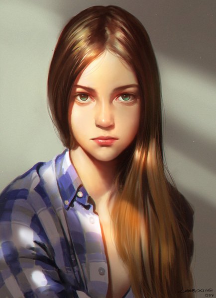 Anime picture 723x1000 with original liang xing single long hair tall image looking at viewer simple background brown hair green eyes signed lips realistic grey background open shirt portrait girl shirt