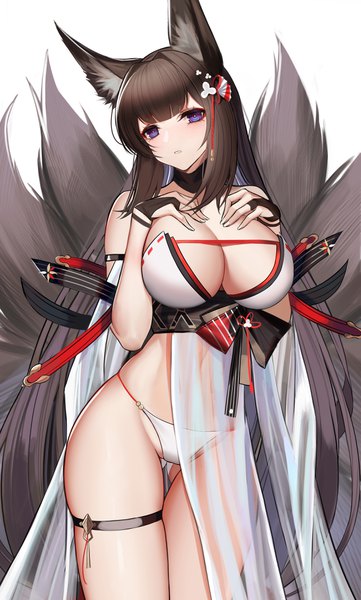 Anime picture 2314x3840 with azur lane amagi (azur lane) amagi (wending waters serene lotus) (azur lane) eternity (shadeh) single long hair tall image looking at viewer blush fringe highres breasts light erotic simple background brown hair large breasts standing white background animal ears tail
