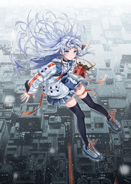 Anime picture 1417x2000 with original kabu (niniko2ko) single long hair tall image looking at viewer blue eyes silver hair full body zettai ryouiki floating hair city snowing christmas spread arms cityscape midair girl thighhighs black thighhighs