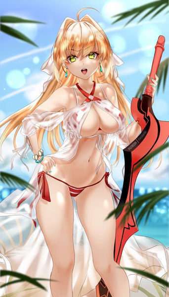 Anime picture 1028x1800 with fate (series) fate/grand order nero claudius (fate) nero claudius (swimsuit caster) (fate) zasshu single long hair tall image looking at viewer fringe breasts open mouth light erotic blonde hair smile hair between eyes large breasts standing bare shoulders holding