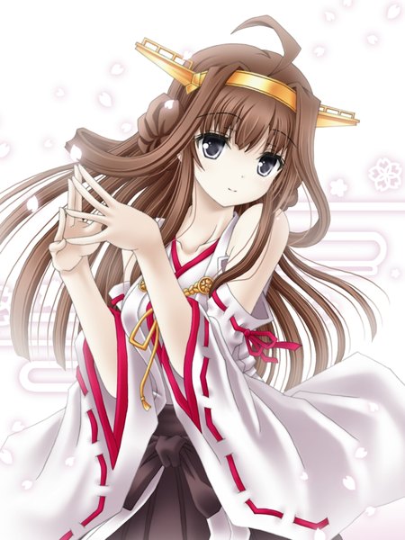 Anime picture 960x1280 with kantai collection kongou battleship amou yuu single long hair tall image brown hair ahoge traditional clothes japanese clothes grey eyes hair bun (hair buns) turning head nontraditional miko fingers together girl detached sleeves headband