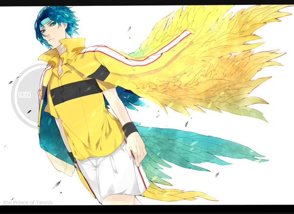 Anime picture 1100x800 with prince of tennis yukimura seiichi katagiri hachigou single short hair blue eyes simple background white background blue hair letterboxed clothes on shoulders boy uniform shirt wings choker shorts feather (feathers) gym uniform wristlet
