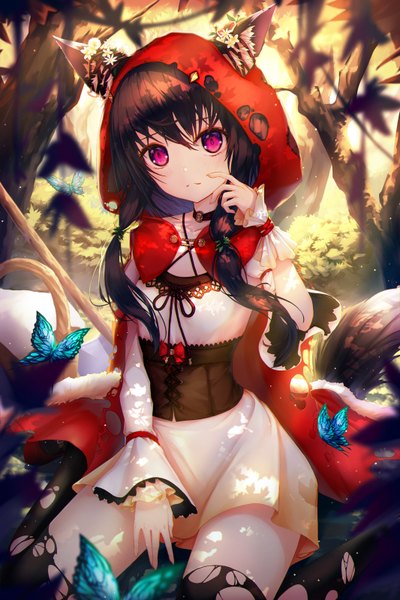 Anime picture 1066x1600 with little red riding hood original h2o (dfo) single long hair tall image looking at viewer blush fringe black hair hair between eyes sitting twintails animal ears outdoors tail animal tail pink eyes sunlight torn clothes