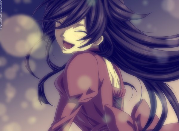 Anime picture 1362x1000 with pandora hearts xebec alice (pandora hearts) ioshik single long hair blush open mouth black hair smile eyes closed looking back coloring girl dress bow