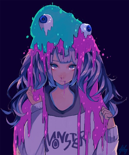 Anime picture 886x1063 with original nanakawa (nanasoon) single long hair tall image looking at viewer fringe simple background purple eyes signed purple hair dark background messy hair eyes girl slime