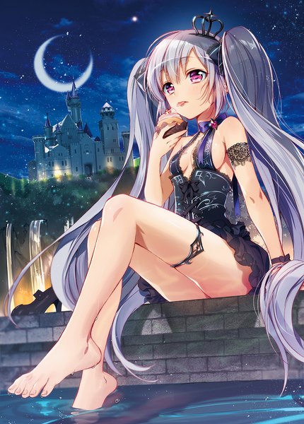 Anime picture 717x1000 with original murakami yuichi single tall image light erotic sitting purple eyes twintails silver hair very long hair night bare legs girl crown castle