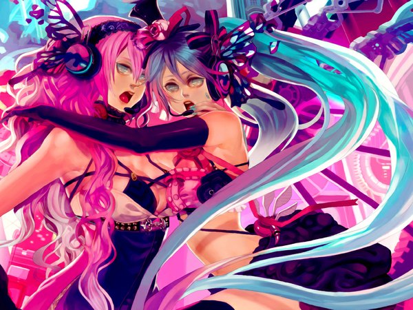 Anime picture 1024x768 with vocaloid magnet (vocaloid) hatsune miku megurine luka kinven multiple girls girl 2 girls