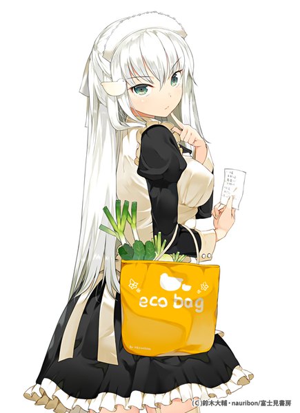 Anime picture 580x800 with hatoko-san to rabukome heiwajima hatoko nauribon single long hair tall image looking at viewer simple background white background holding green eyes white hair inscription maid text finger to mouth english girl uniform hair ornament