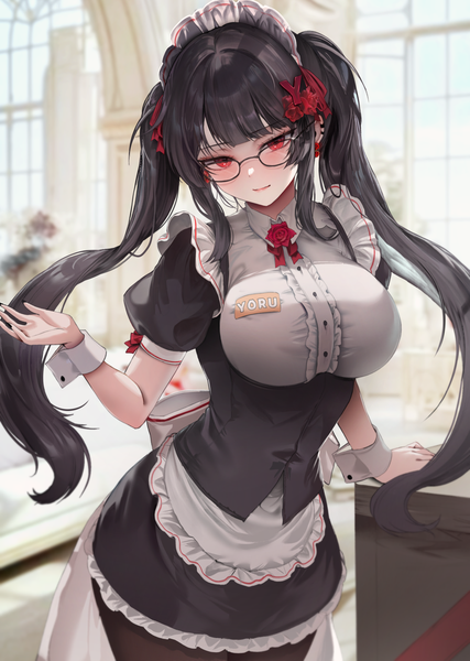 Anime-Bild 1000x1406 mit original zerocat single long hair tall image looking at viewer fringe breasts light erotic black hair red eyes large breasts standing twintails indoors blunt bangs arm support short sleeves underbust waitress