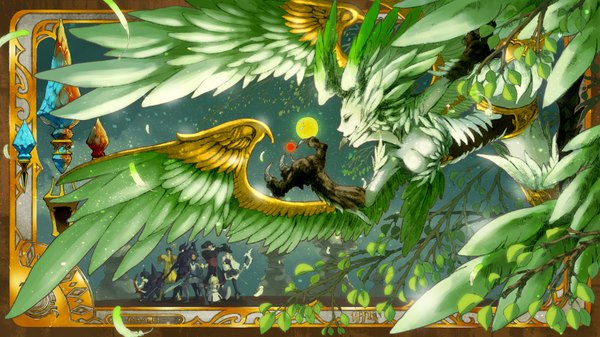 Anime picture 1646x926 with final fantasy final fantasy xiv square enix garuda 9ji light erotic wide image group wings feather (feathers) branch