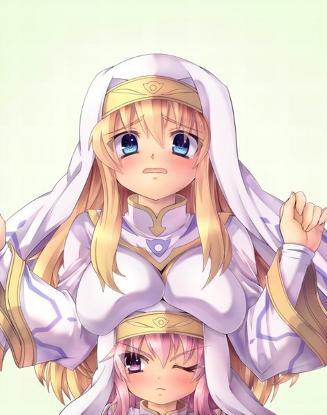 Anime picture 1024x1300 with zero no tsukaima j.c. staff louise francoise le blanc de la valliere tiffania westwood long hair tall image blush breasts blue eyes light erotic blonde hair large breasts multiple girls pink hair traditional clothes pink eyes huge breasts elf nun girl