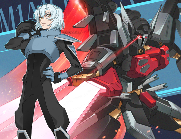 Anime picture 1960x1512 with mobile suit gundam gundam seed gundam seed freedom sunrise (studio) shura serpentine black knight squad shi-ve.a nito minatsuki single looking at viewer fringe highres short hair hair between eyes standing yellow eyes silver hair hand on hip helmet removed boy helmet