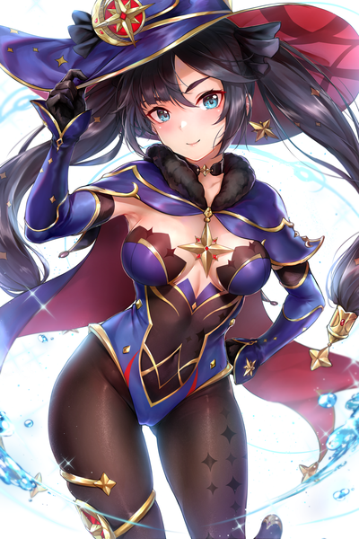 Anime picture 4000x6000 with genshin impact mona megistus rei kun single long hair tall image looking at viewer blush fringe highres breasts blue eyes light erotic black hair simple background hair between eyes large breasts twintails payot absurdres