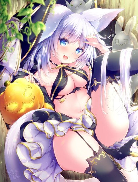 Anime picture 664x874 with original kabocha usagi single long hair tall image looking at viewer blush breasts open mouth blue eyes light erotic large breasts animal ears silver hair tail :d animal tail underboob halloween leg lift (legs lift)