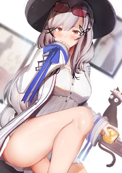 Anime picture 2508x3541 with azur lane dunkerque (azur lane) dunkerque (afternoon venus) (azur lane) pnatsu single long hair tall image looking at viewer blush fringe highres light erotic hair between eyes red eyes sitting holding silver hair bent knee (knees) long sleeves blurry