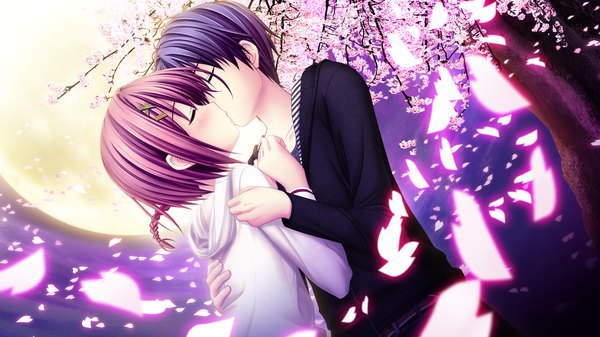 Anime picture 1280x720 with sakura sakimashita haruno tsubame akizuki tsukasa blush short hair black hair wide image game cg purple hair eyes closed couple kiss girl boy petals moon