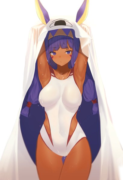 Anime picture 1000x1466 with fate (series) fate/grand order nitocris (fate) nitocris (swimsuit assassin) (fate) crying eye single long hair tall image looking at viewer fringe breasts light erotic simple background standing white background purple eyes animal ears purple hair blunt bangs arms up