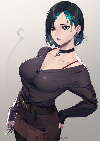 Anime picture 2894x4093 with original kagematsuri single tall image fringe highres short hair breasts light erotic black hair simple background signed cleavage nail polish multicolored hair mole streaked hair hand on hip mole under eye twitter username